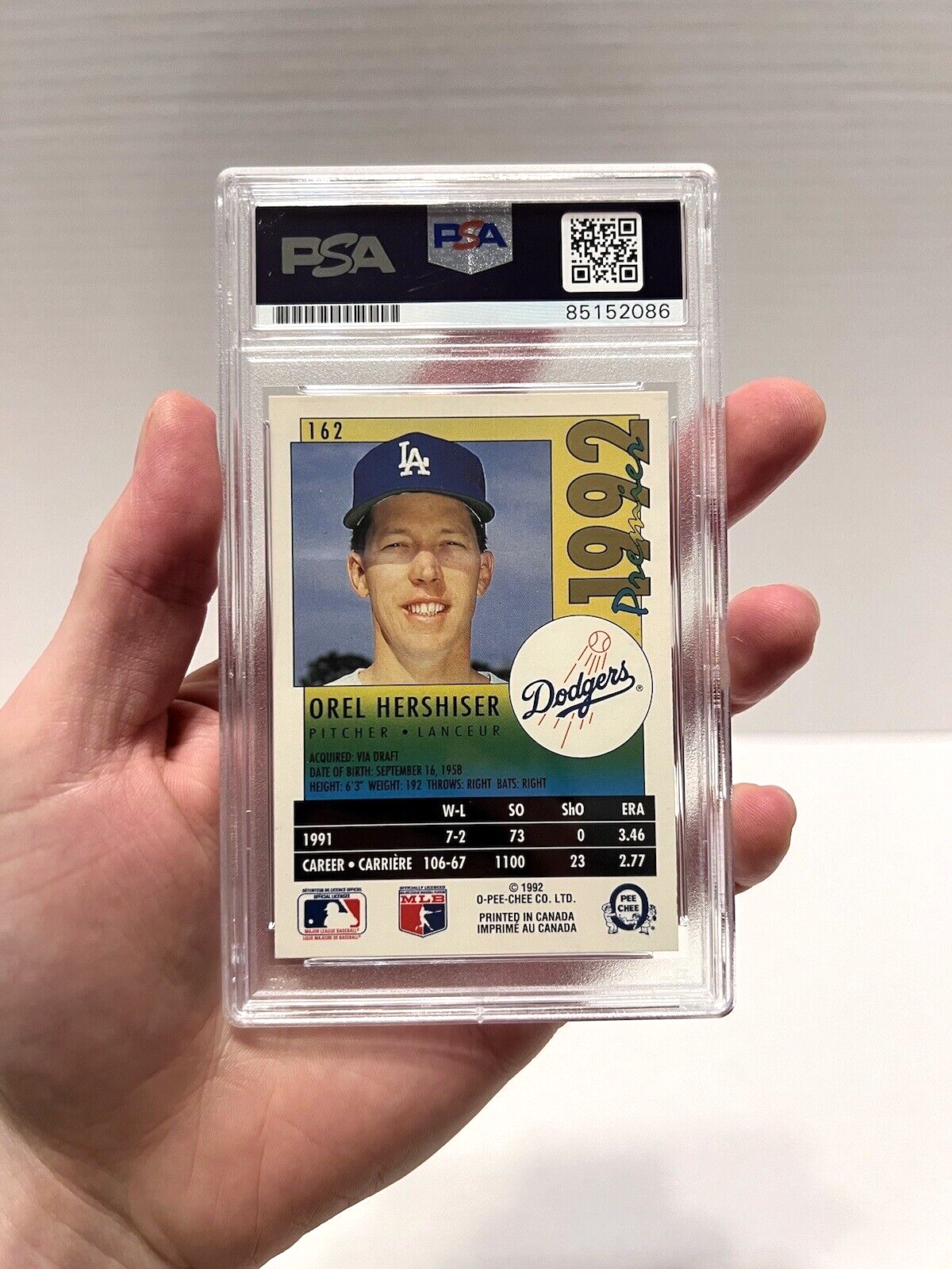 Orel Hershiser Autographed Signed O-Pee-Chee Prem. 92 Card #162 PSA #85152086