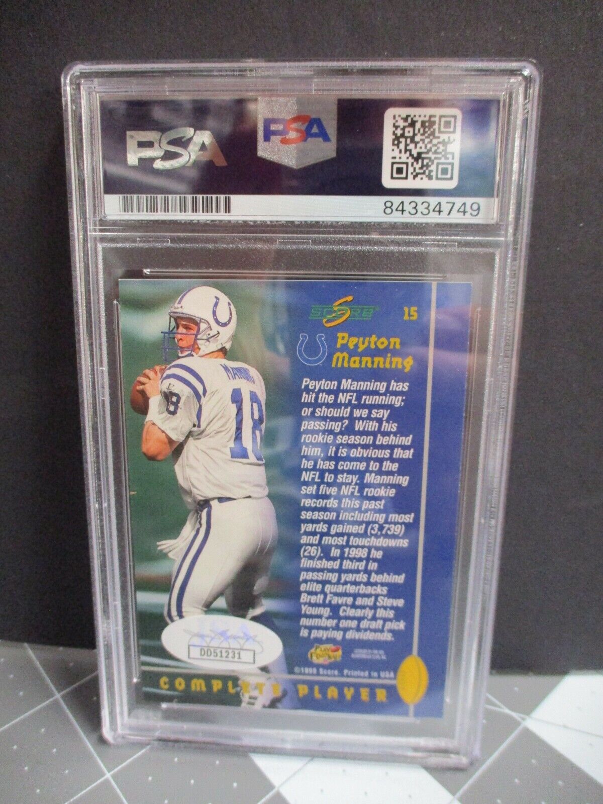 Peyton Manning Autographed 1999 Score Complete player Card PSA 84334749