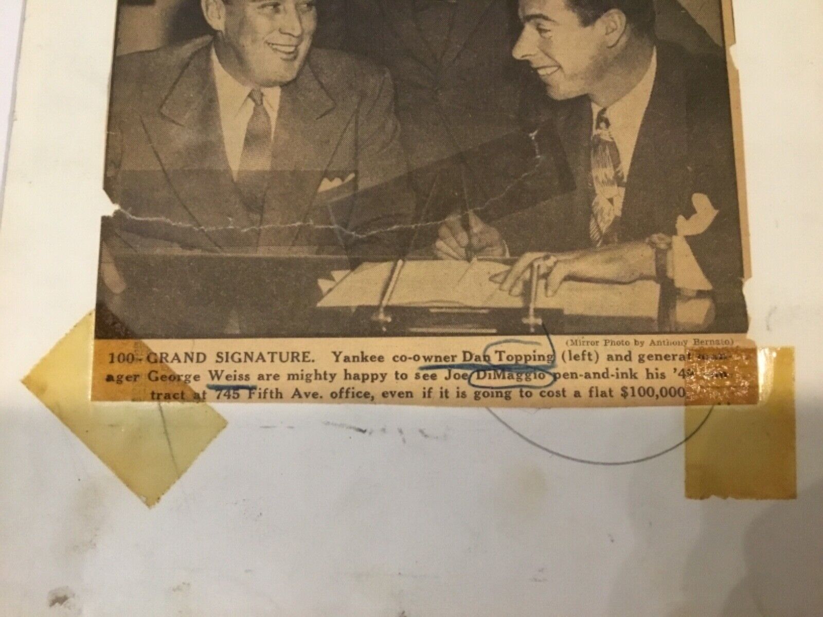 Joe DiMaggio 1949 Contract Mirror Original Wire Photo