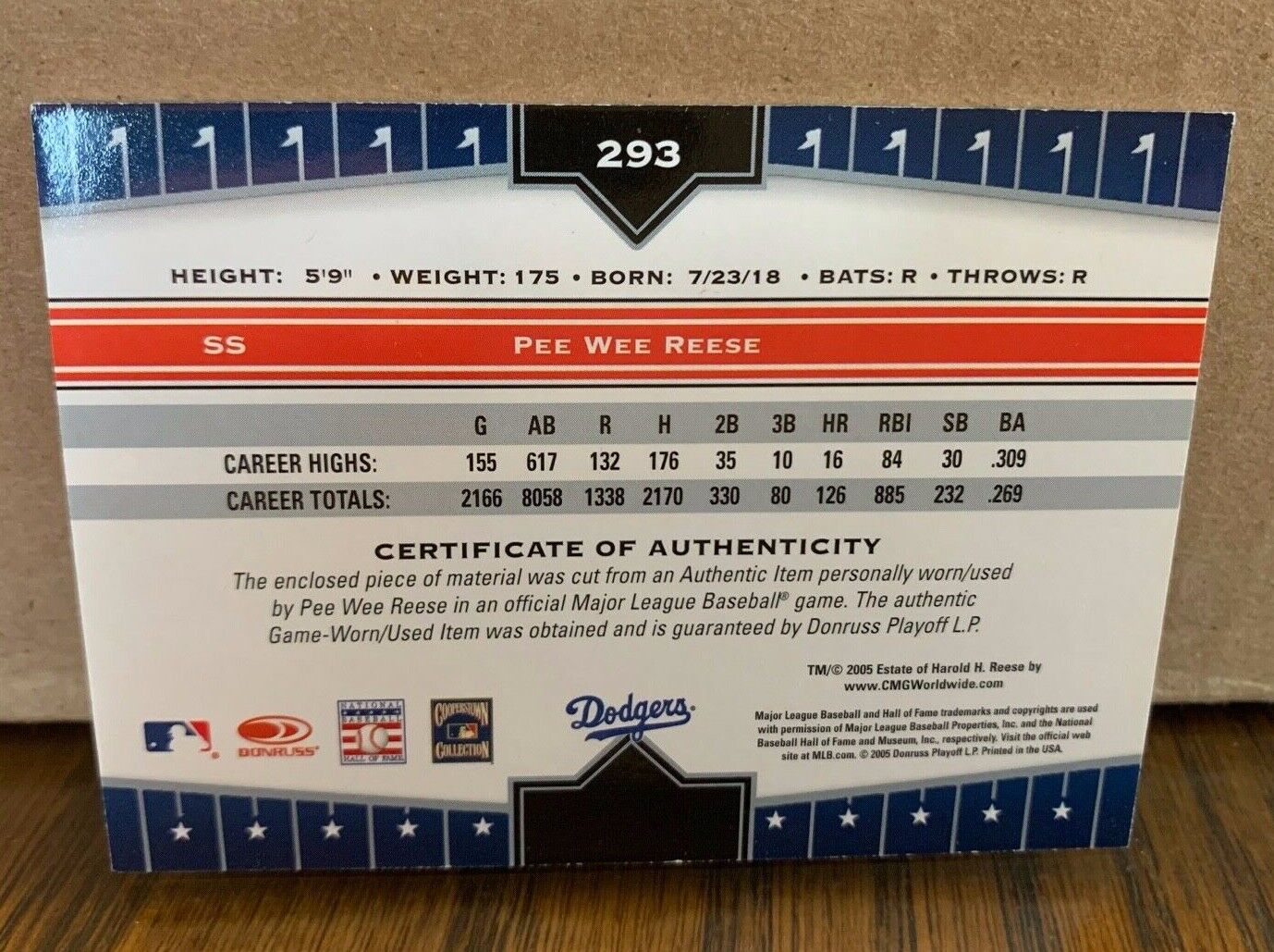 Pee Wee Reese LA Dodgers 2005 Donruss Champions Impressions Card #293 MLB