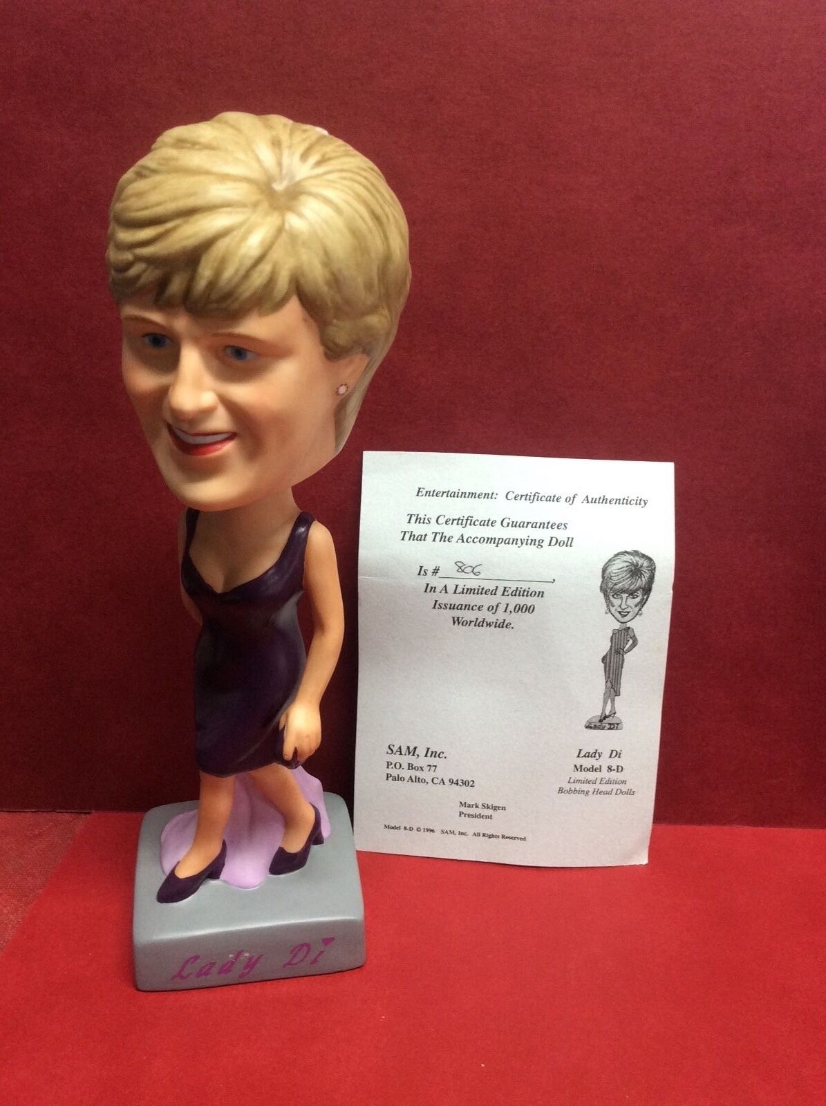 PRINCESS DIANA Bobble Head 1996 LIMITED EDITION #806/1,000 SAM bobble head RARE