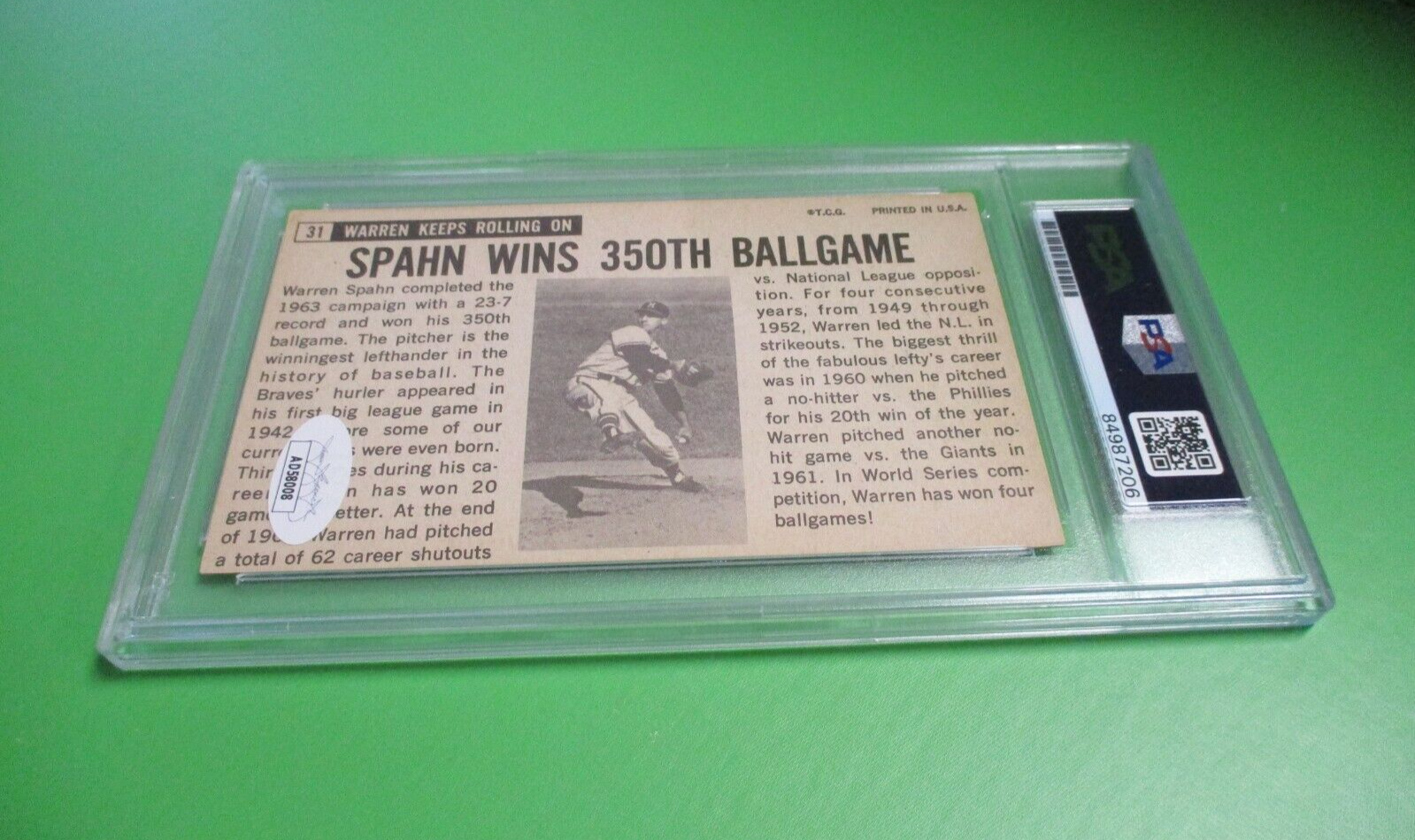 Warren Spahn Milwaukee Autographed Signed 1964 Topps Giant Card #31 PSA Slab