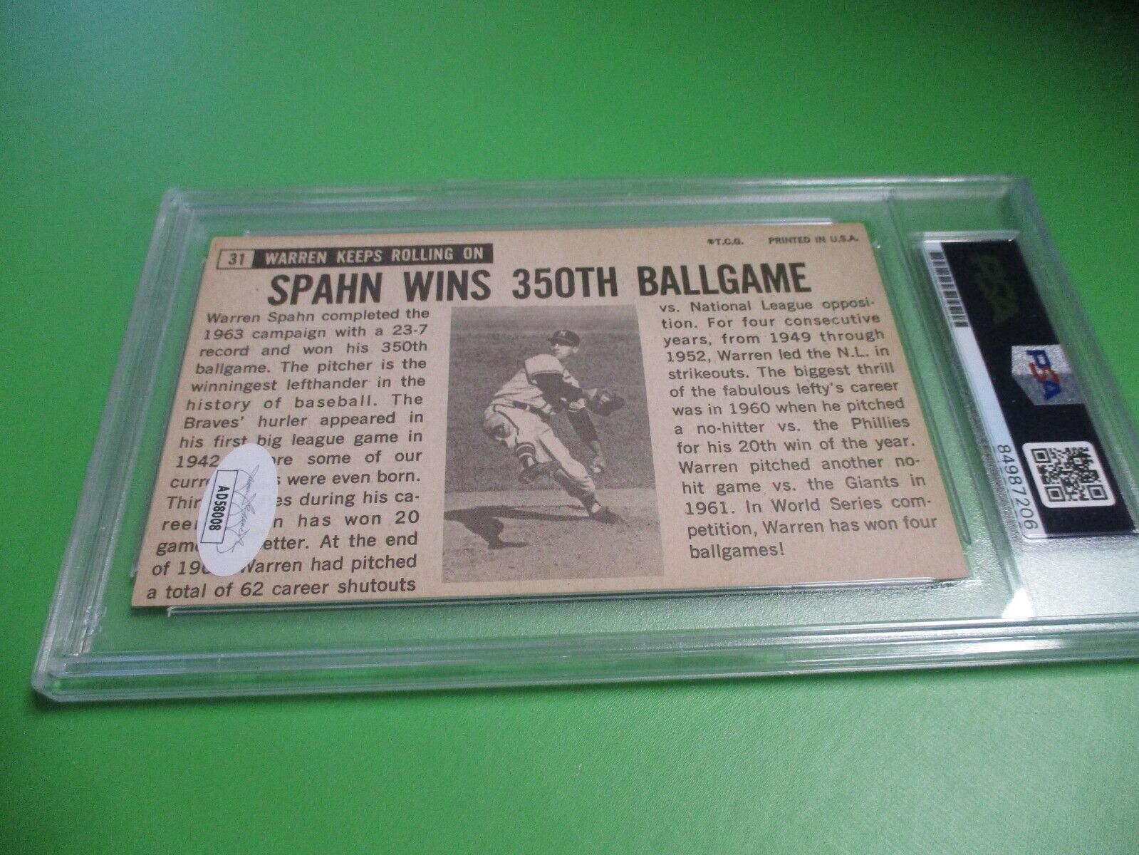 Warren Spahn Milwaukee Autographed Signed 1964 Topps Giant Card #31 PSA Slab