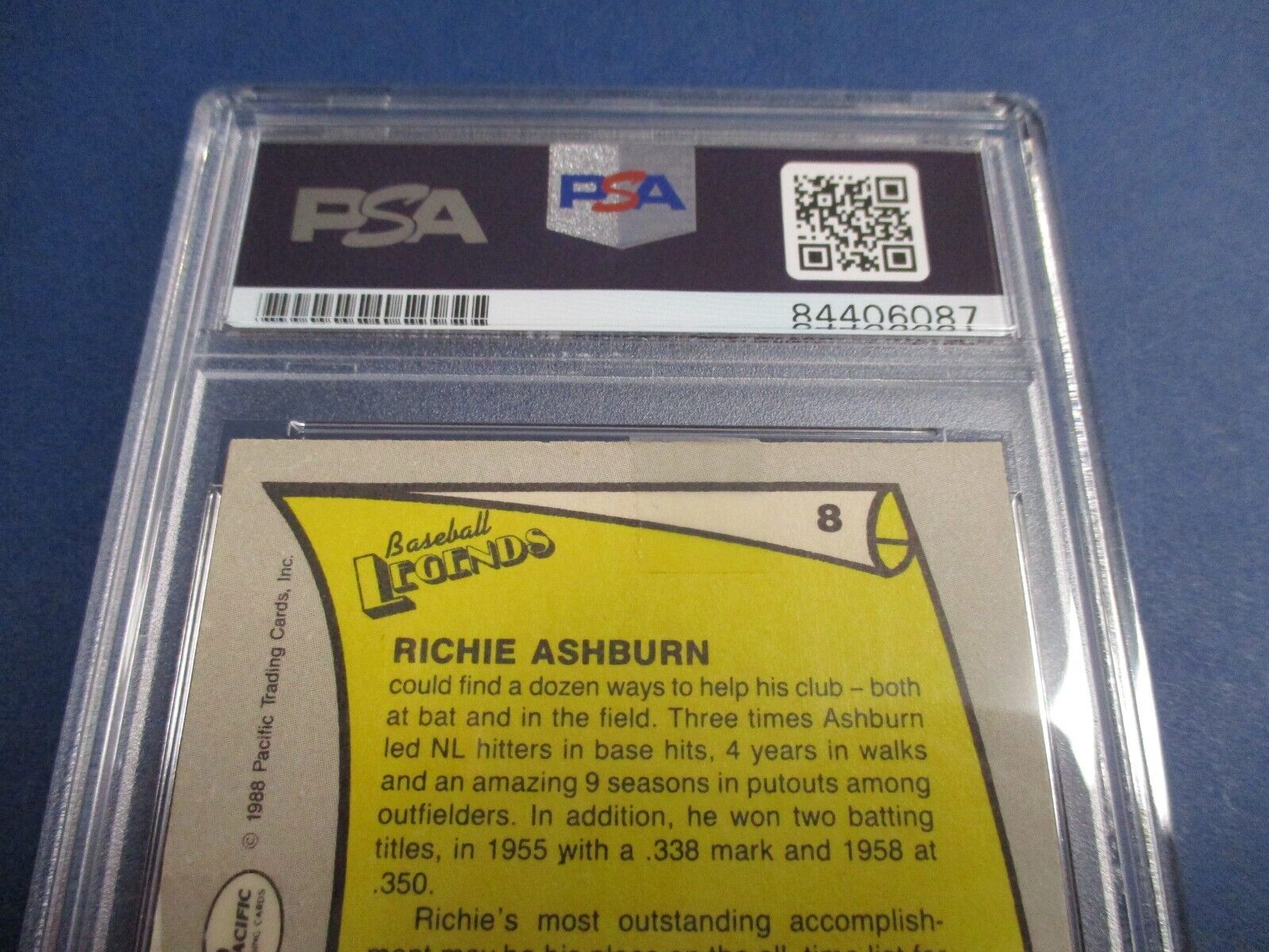 Richie Ashburn Phillies Autographed Signed 1988 Pacific Card #8 PSA Slab