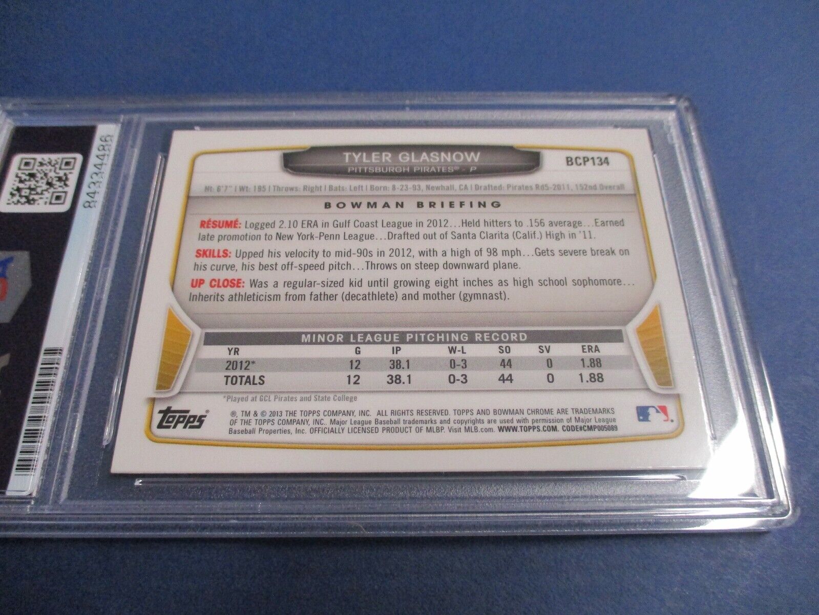 Tyler Glasnow Pirates Autographed Signed 2013 Bowman Chrome Card PSA Slab