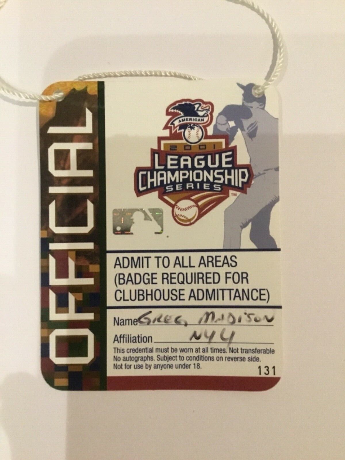 League Championship Series Yankees 2001 All Access Badge Used