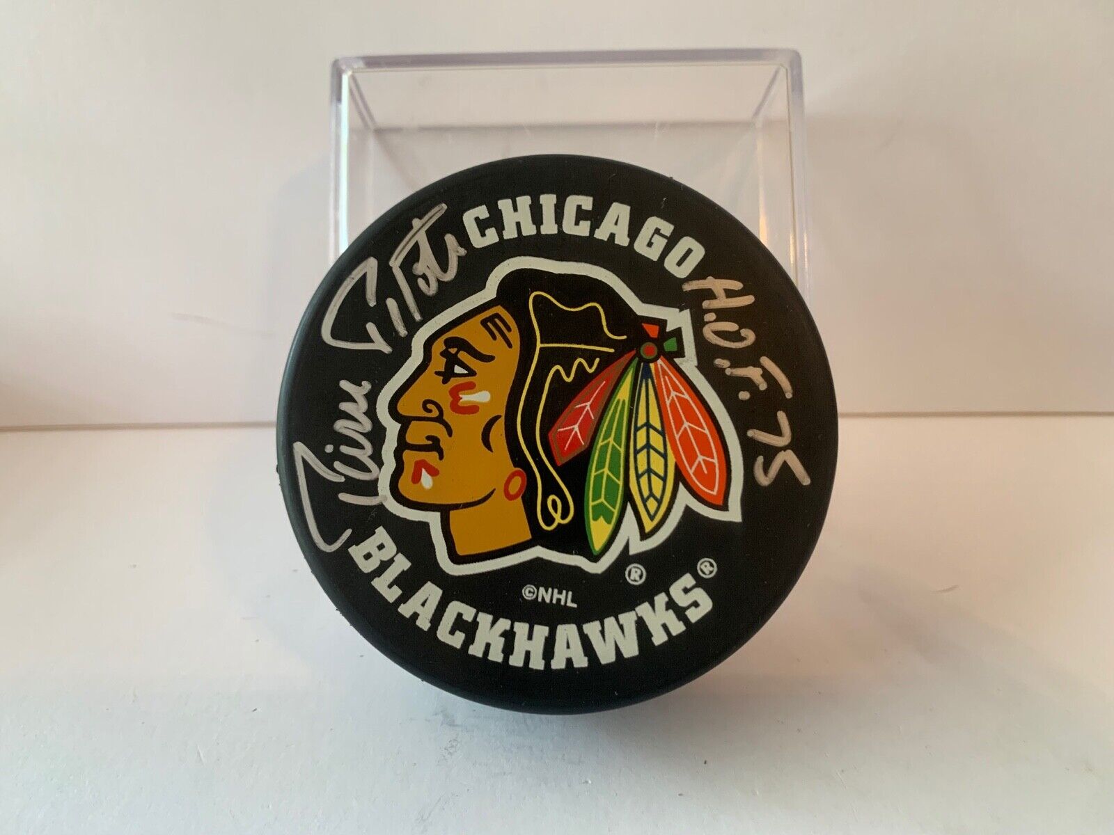 Pierre Pilote Autographed Official NHL Hockey Puck with Chicago Blackhawks Logo