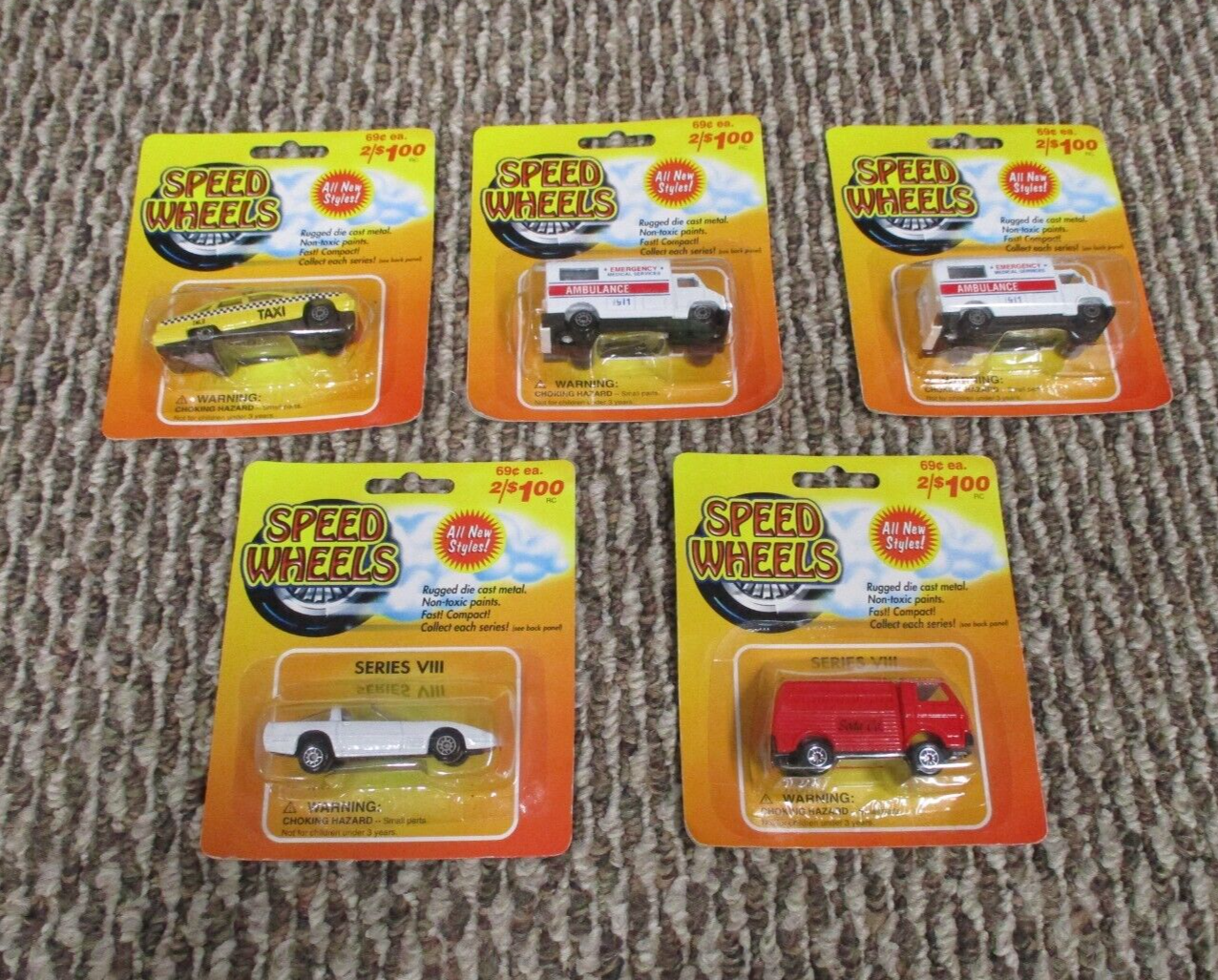 Speed Wheels Diecast Lot Of 5 1998 Series VIII Taxi, Ambulance, Soda And Car NIP