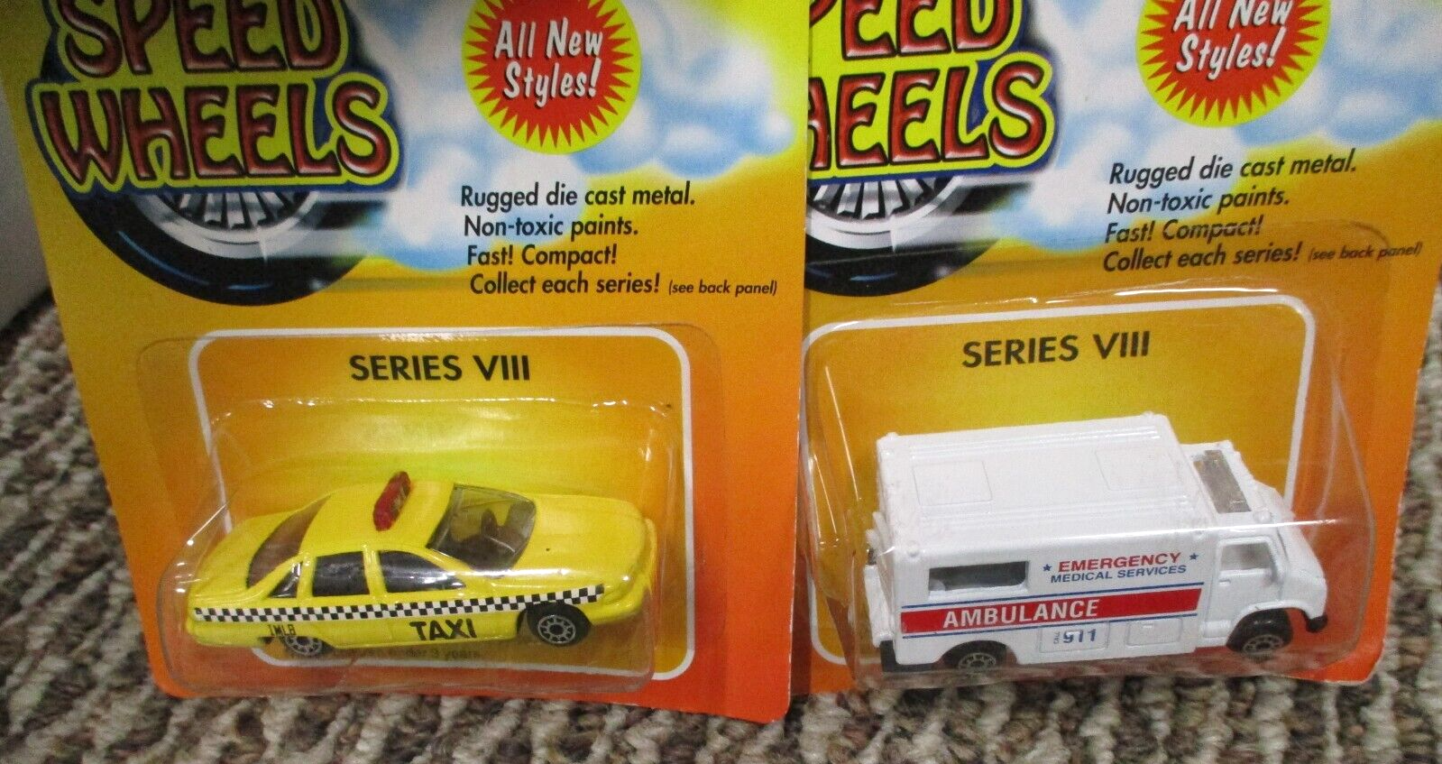 Speed Wheels Diecast Lot Of 5 1998 Series VIII Taxi, Ambulance, Soda And Car NIP