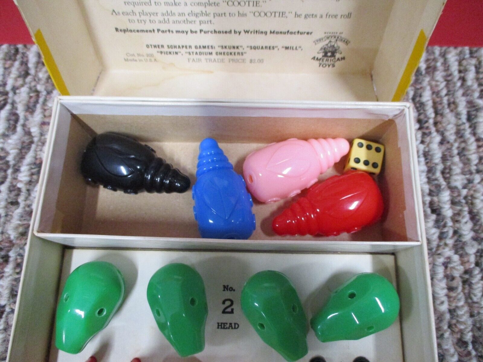 1949 Vintage Cootie Game Box  Is 6x9 Inches Missing 1 Leg Green Heads EX