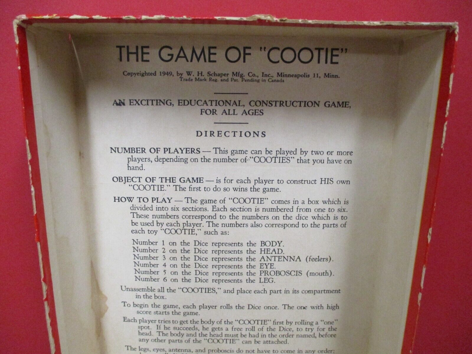 1949 Vintage Cootie Game Box  Is 6x9 Inches Missing 1 Leg Green Heads EX