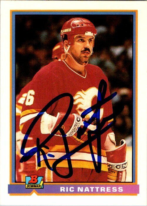 Ric Nattress Calgary Flames Hand Signed 1991-92 Bowman Topps Hockey Card #266 NM