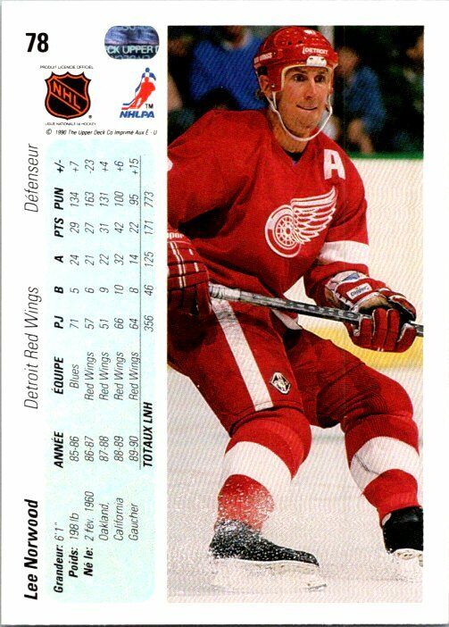 Lee Norwood Detroit Red Wings Hand Signed 1990-91 Upper Deck Hockey Card #78 NM