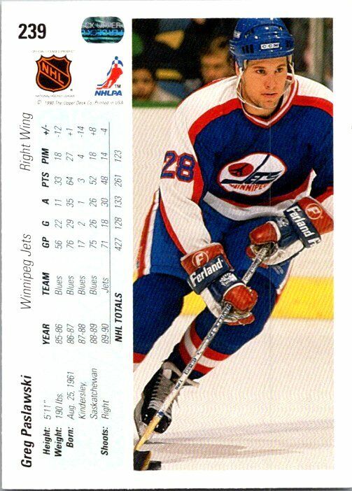 Greg Paslawski Winnipeg Jets Hand Signed 1990-91 Upper Deck Hockey Card #239 NM