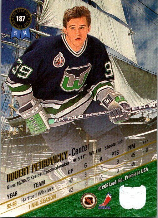 Robert Petrovicky Whalers Hand Signed 1993-94 Leaf Hockey Card #187 NM