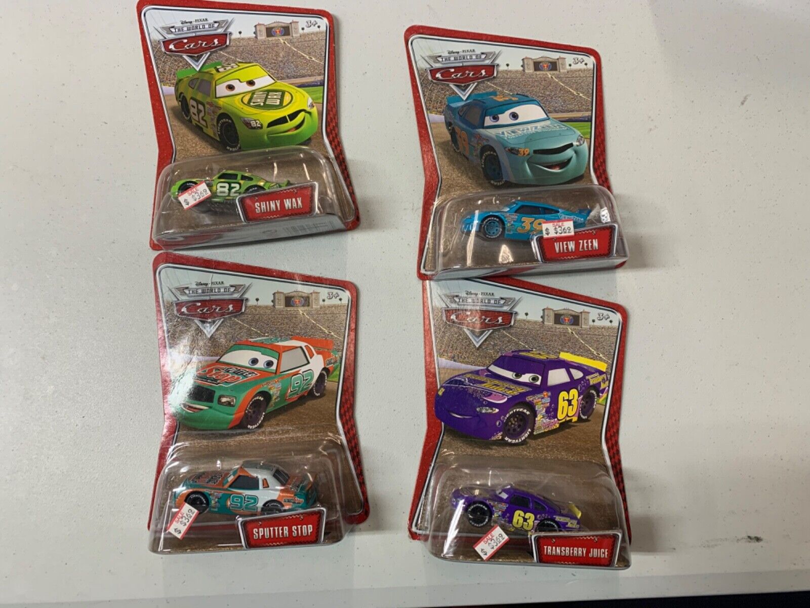 Disney Pixar Cars Sputter Stop, View Zeen, Shiny Wax, & Transberry Juice Lot 4