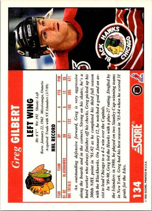 Greg Gilbert Chicago Blackhawks Hand Signed 1992-93 Score Hockey Card #134 NM