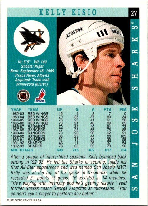 Kelly Kisio San Jose Sharks Hand Signed 1993-94 Score Hockey Card #27 NM