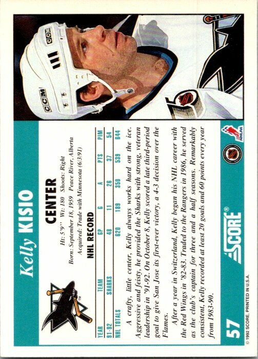 Kelly Kisio San Jose Sharks Hand Signed 1992-93 Score Hockey Card #57 NM