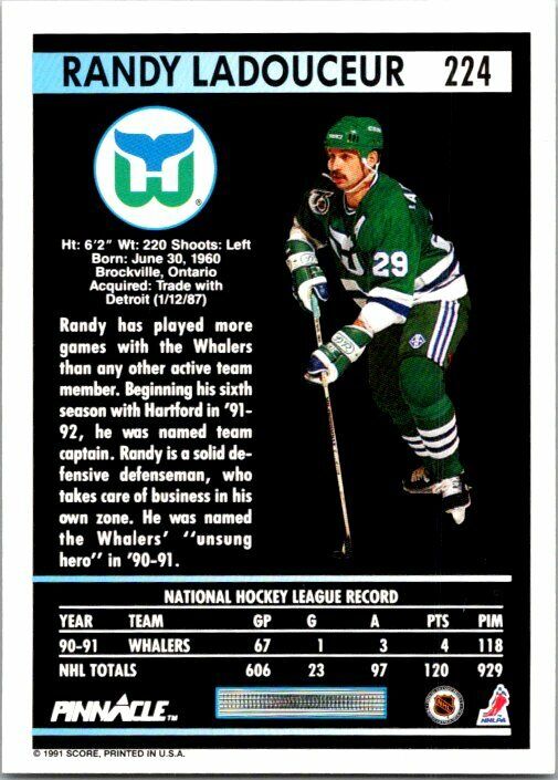 Randy Ladouceur Hartford Whalers Hand Signed 1991-92 Pinnacle Hockey Card #224