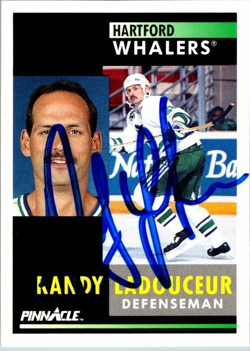 Randy Ladouceur Hartford Whalers Hand Signed 1991-92 Pinnacle Hockey Card #224