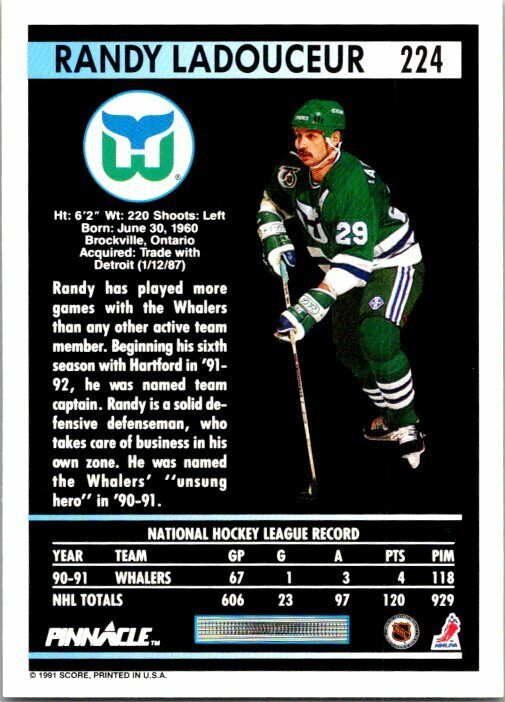 Randy Ladouceur Hartford Whalers Hand Signed 1991-92 Pinnacle Hockey Card #224