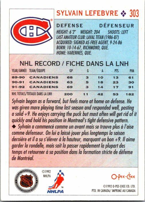 Sylvain Lefebvre Montreal Canadiens Hand Signed 1992-93 OPC Hockey Card #303 NM