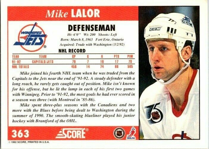 Mike Lalor Winnipeg Jets  Hand Signed 1992-93 Score Hockey Card #363 NM