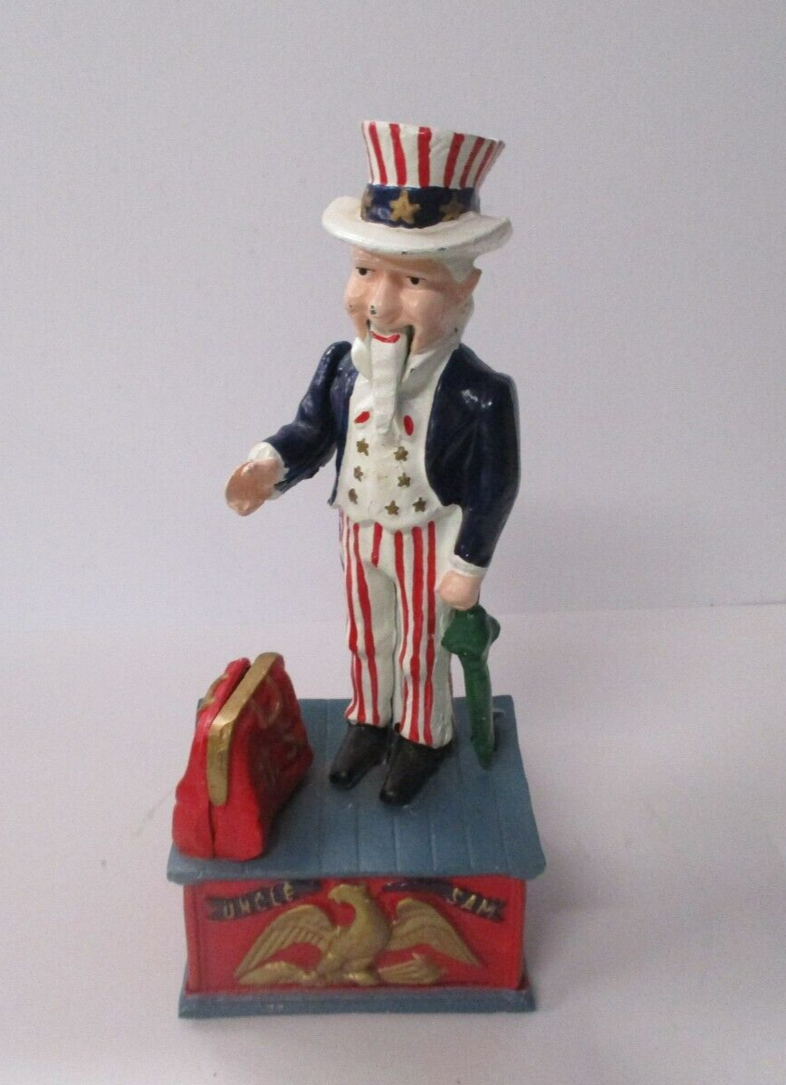 Uncle Sam Piggy Bank With Handled Coin Slot Die cast metal works