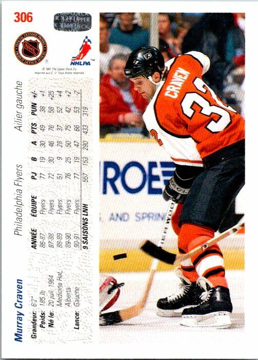 Murray Craven Philadelphia Flyers Hand Signed 1991-92 UD French Card #306