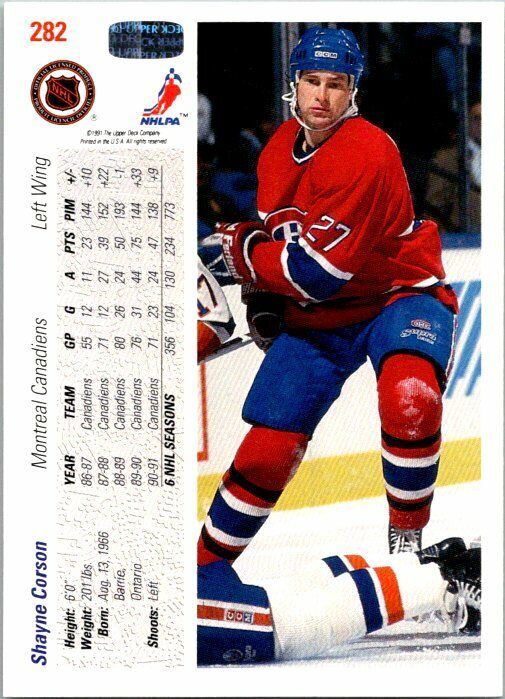 Shayne Corson Montreal Candadiens Hand Signed 1991-92 Upper Deck Card #282