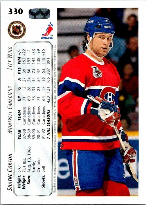 Shayne Corson Montreal Canadiens Hand Signed 1992-93 UD Card #330 NM-MT