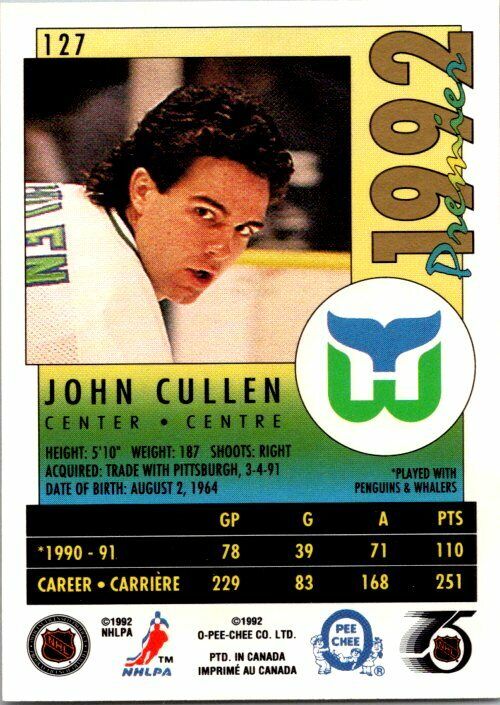 John Cullen Hartford Whalers Hand Signed 1991-92 OPC Hockey Card #127 EX-NM