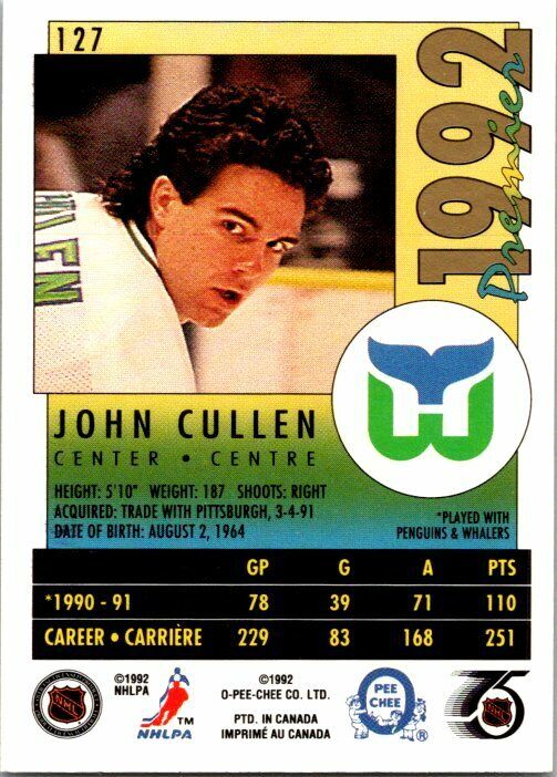 John Cullen Hartford Whalers Hand Signed 1991-92 OPC Hockey Card #127 EX-NM