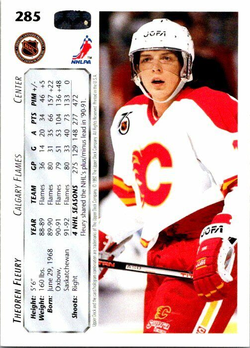 Theoren Fleury Calgary Flames Hand Signed 1992-93 UD Hockey Card #285 NM-MT