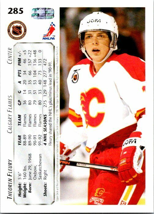 Theoren Fleury Calgary Flames Hand Signed 1992-93 UD Hockey Card #285 NM-MT