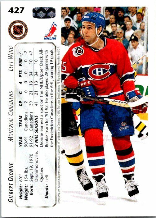 Gilbert Dionne Montreal Canadiens Hand Signed 1992-93 UD Hockey Card #427 NM-MT