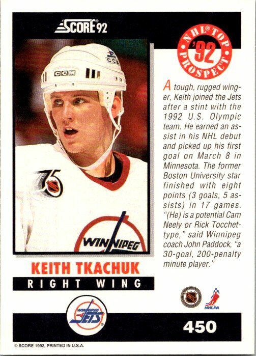 Keith Tkachuk Winnipeg Jets Hand Signed 1992-93 Score Hockey Card #458 NM-MT