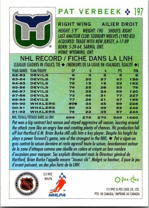 Pat Verbeek Hartford Whalers Hand Signed 1992-93 OPC Hockey Card #197 NM-MT