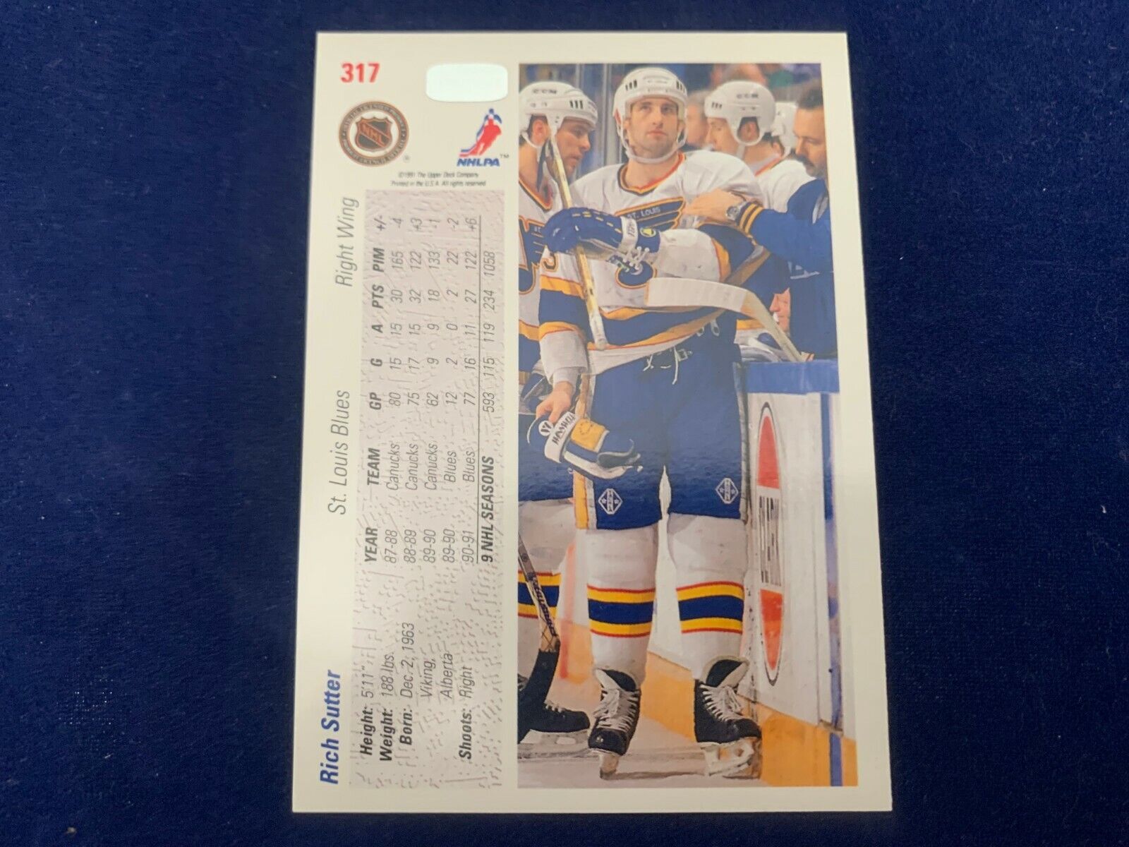 Rich Sutter St. Louis Blues Hand Signed 1991 Upper Deck Hockey Card #317 NM