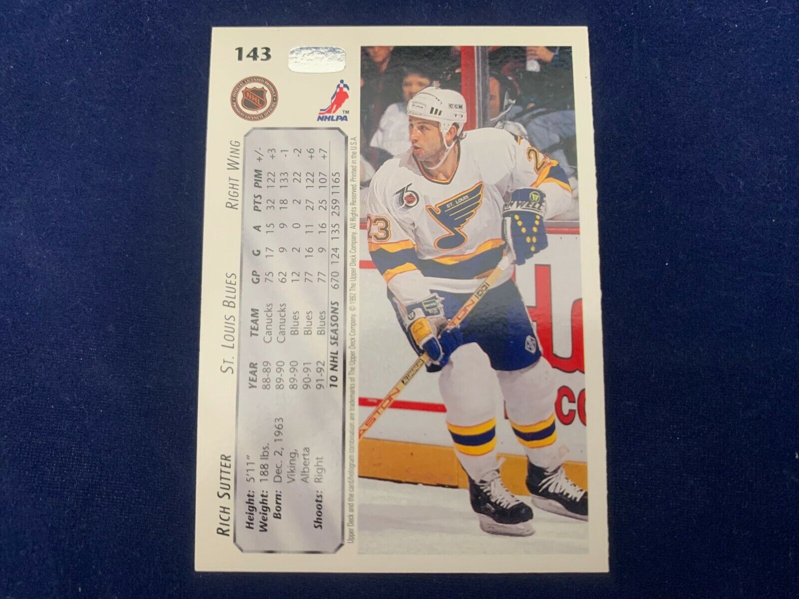 Rich Sutter St. Louis Blues Hand Signed 1992 Upper Deck Hockey Card #143 NM