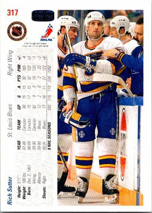 Rich Sutter St. Louis Blues Hand Signed 1991 Upper Deck Hockey Card #317 NM