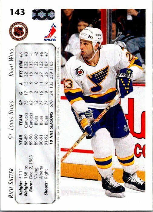 Rich Sutter St. Louis Blues Hand Signed 1992 Upper Deck Hockey Card #143 NM