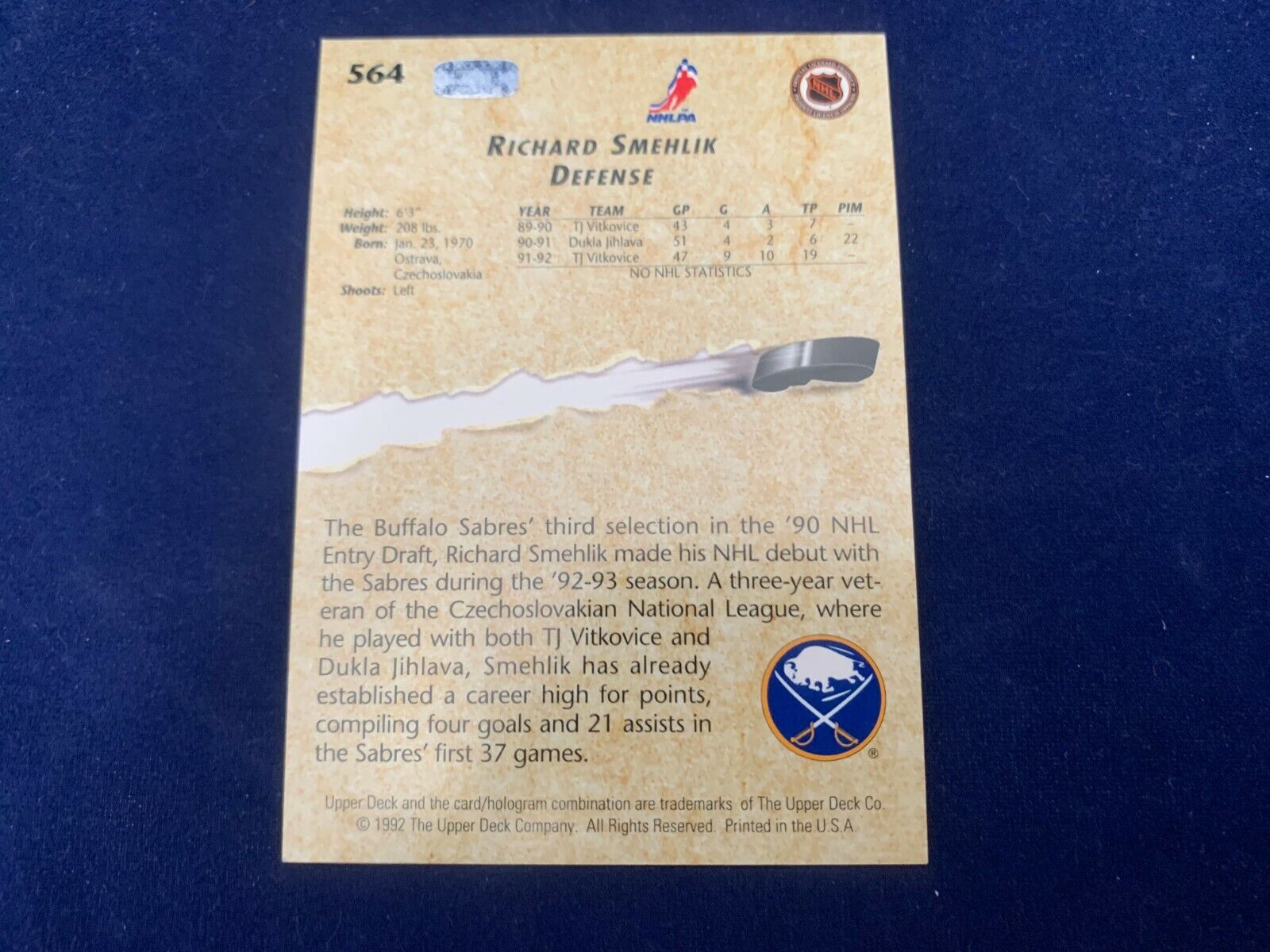 Richard Smehlik Buffalo Sabres Hand Signed 1992 Upper Deck Hockey Card #564 NM