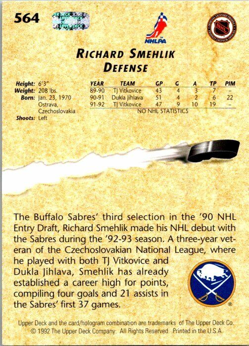 Richard Smehlik Buffalo Sabres Hand Signed 1992 Upper Deck Hockey Card #564 NM