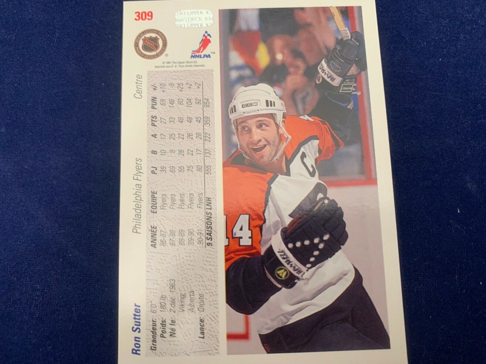 Ron Sutter Philadelphia Flyers Hand Signed 1991 Upper Deck Hockey Card #309 NM