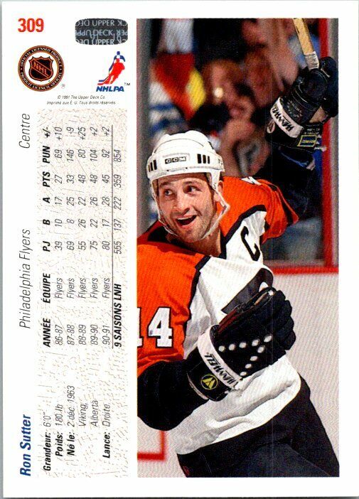 Ron Sutter Philadelphia Flyers Hand Signed 1991 Upper Deck Hockey Card #309 NM