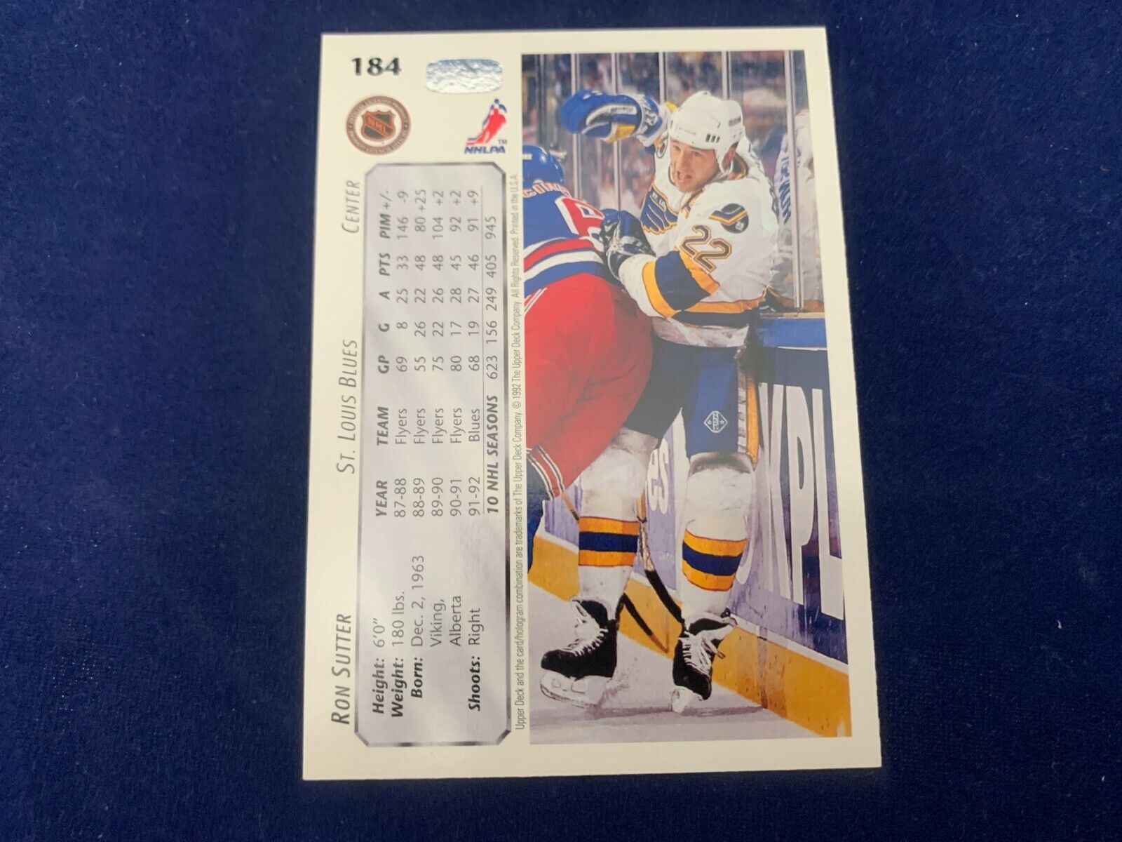 Ron Sutter St. Louis Blues Hand Signed 1992 Upper Deck Hockey Card #184 NM