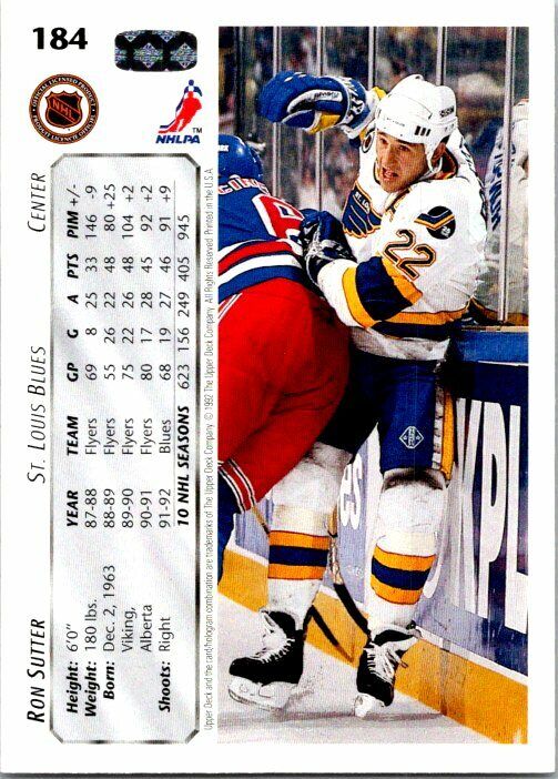 Ron Sutter St. Louis Blues Hand Signed 1992 Upper Deck Hockey Card #184 NM