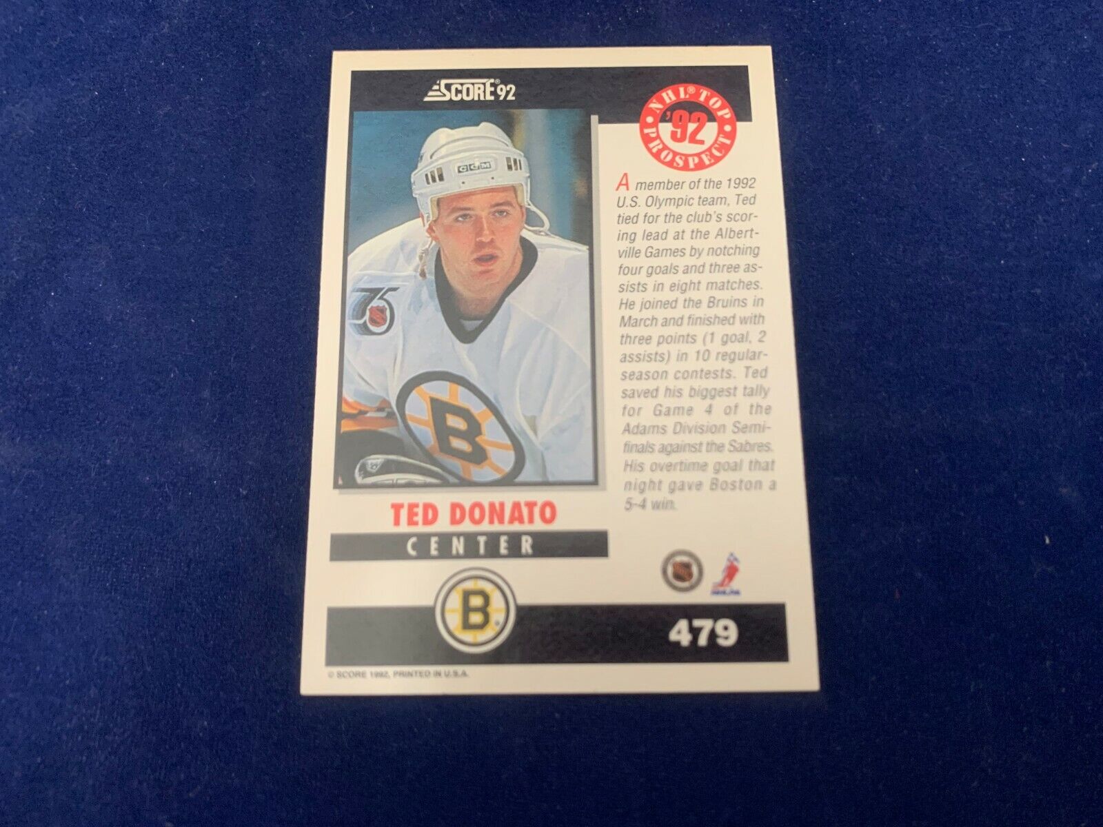 Ted Donato Boston Bruins Hand Signed 1992 Score Hockey Card #479 NM